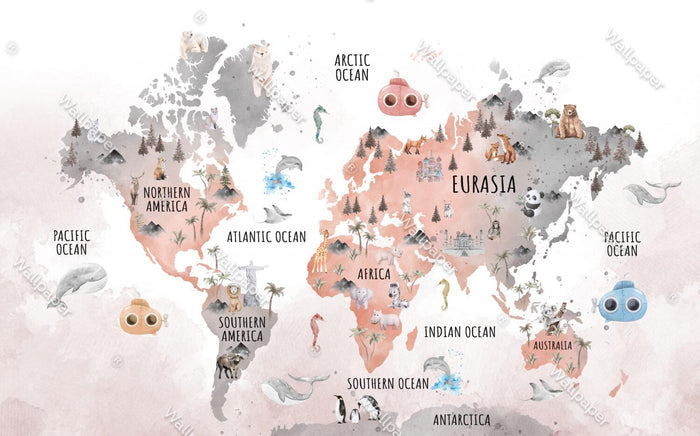 Animal World Map Wallpaper: Nursery Wall Decor