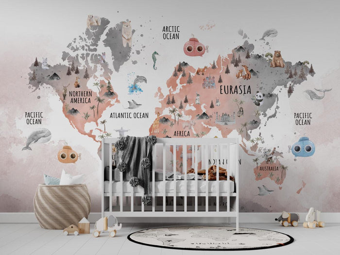 Animal World Map Wallpaper: Nursery Wall Decor