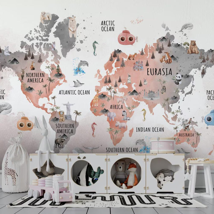 Animal World Map Wallpaper: Nursery Wall Decor