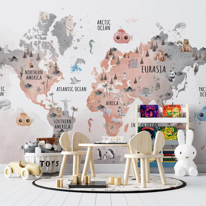 Animal World Map Wallpaper: Nursery Wall Decor