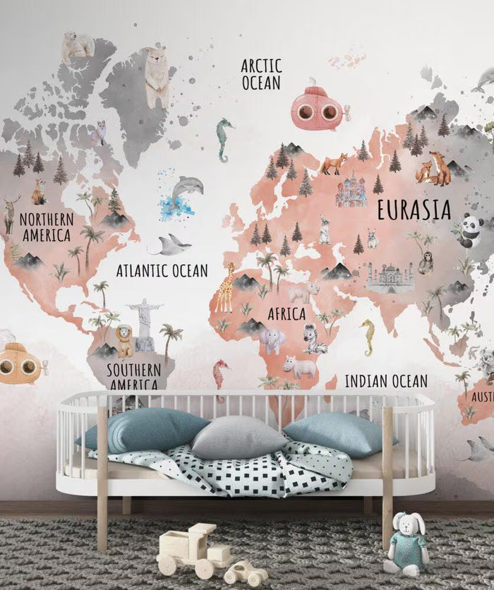 Animal World Map Wallpaper: Nursery Wall Decor