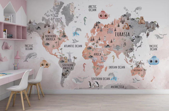 Animal World Map Wallpaper: Nursery Wall Decor