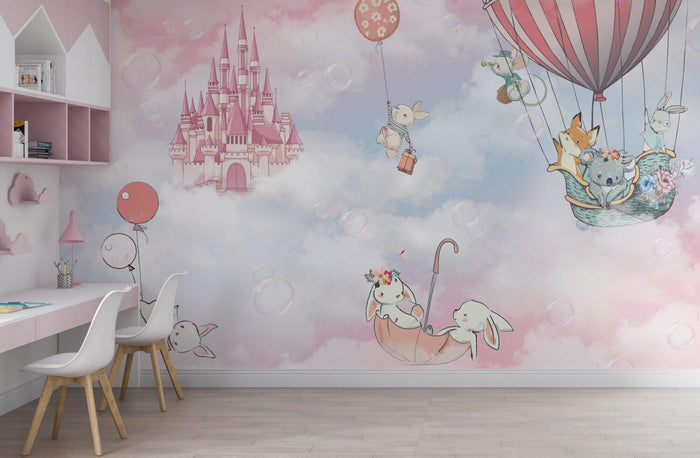 Animals in Balloons Wallpaper: Pink Castle Nursery Mural