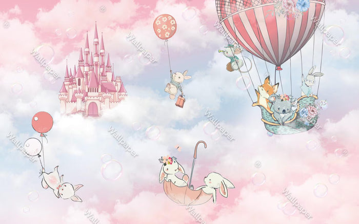 Animals in Balloons Wallpaper: Pink Castle Nursery Mural