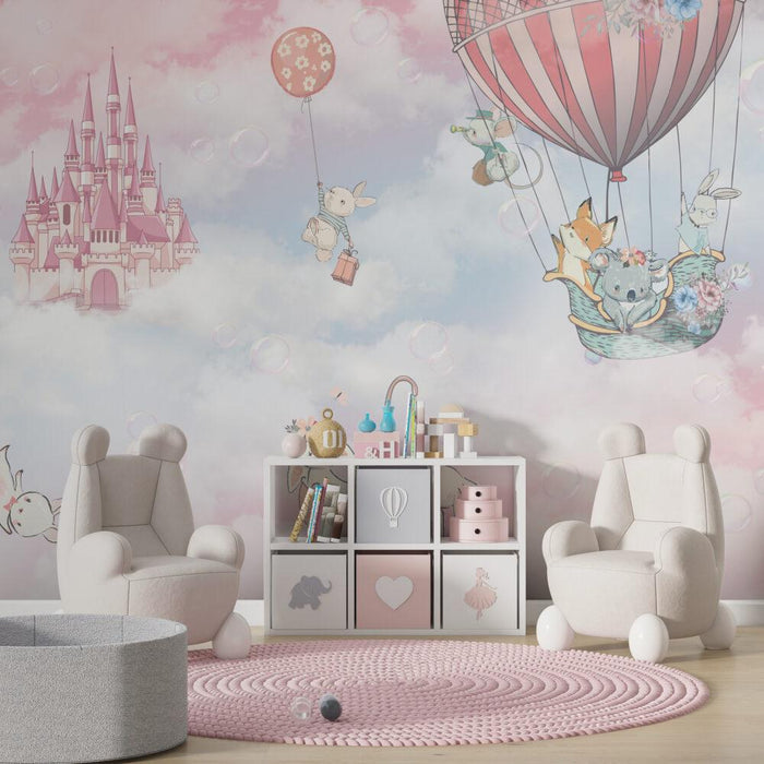 Animals in Balloons Wallpaper: Pink Castle Nursery Mural