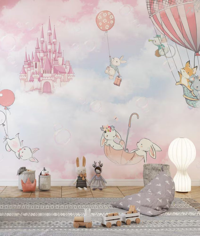 Animals in Balloons Wallpaper: Pink Castle Nursery Mural
