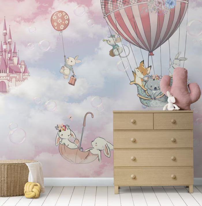 Animals in Balloons Wallpaper: Pink Castle Nursery Mural
