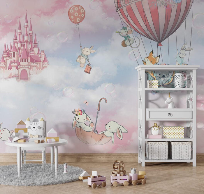 Animals in Balloons Wallpaper: Pink Castle Nursery Mural