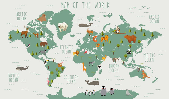 Animals on Earth Kids Map Wallpaper: Nursery Decor (Peel and Stick)