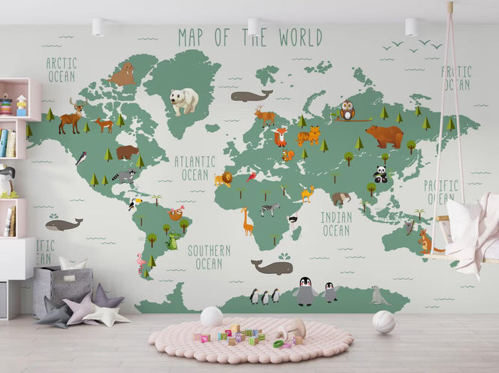 Animals on Earth Kids Map Wallpaper: Nursery Decor (Peel and Stick)