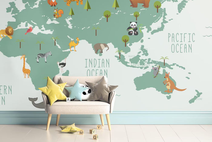 Animals on Earth Kids Map Wallpaper: Nursery Decor (Peel and Stick)