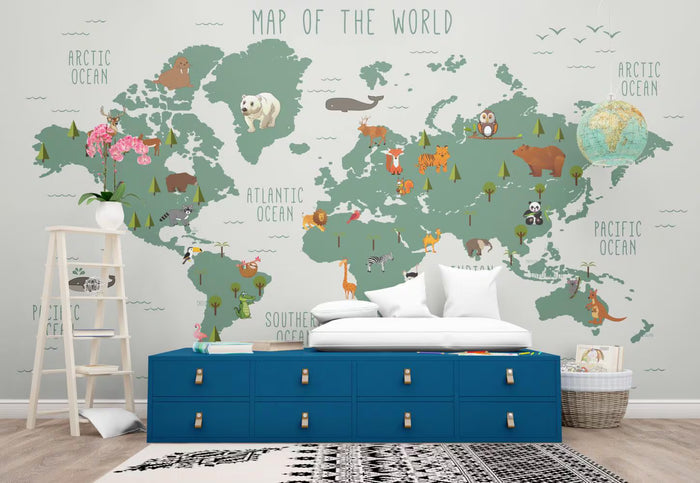 Animals on Earth Kids Map Wallpaper: Nursery Decor (Peel and Stick)