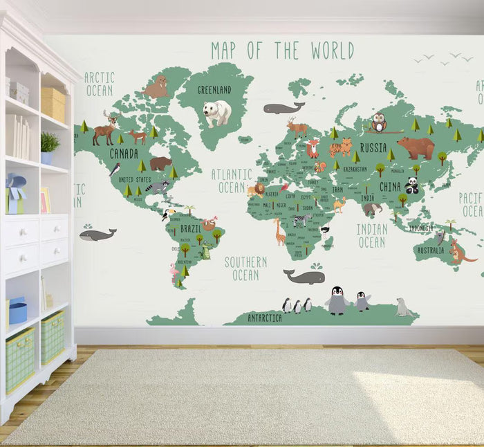 Animals on Earth Kids Map Wallpaper: Nursery Decor (Peel and Stick)