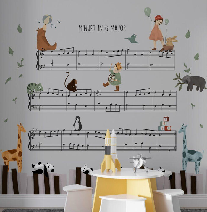 Animals on Musical Notes Wallpaper - Nursery & Kids Room Decor