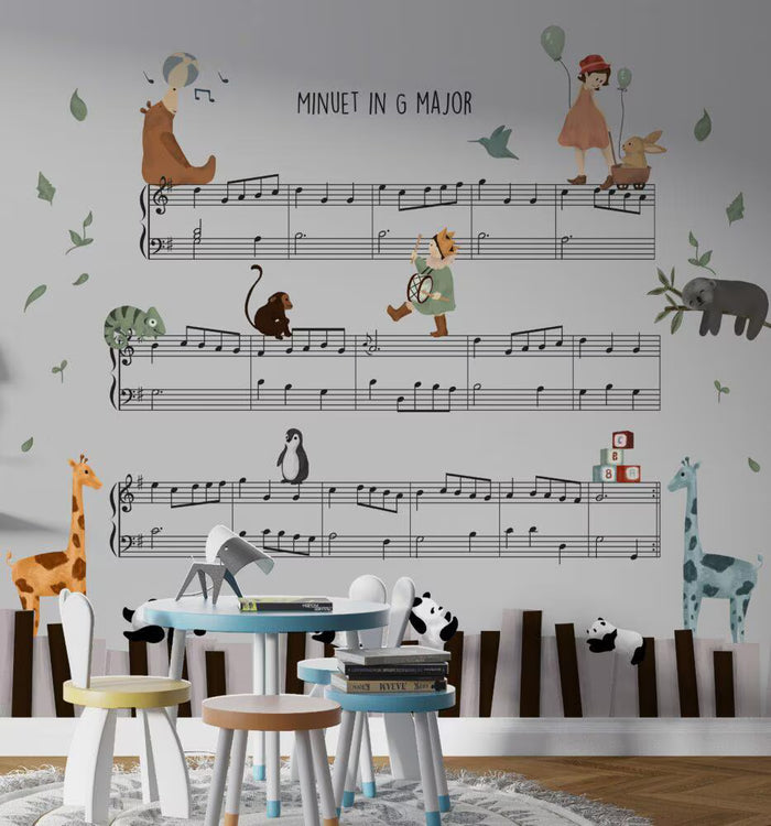 Animals on Musical Notes Wallpaper - Nursery & Kids Room Decor