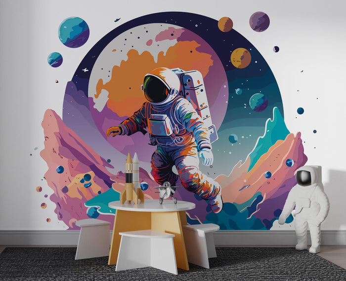 Astronaut Moonwalk Wallpaper: Colorful Space Mural, Peel & Stick