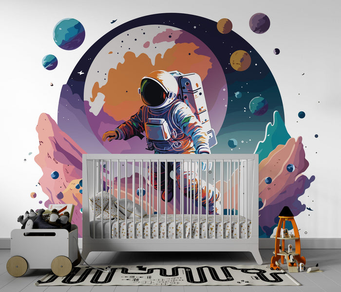 Astronaut Moonwalk Wallpaper: Colorful Space Mural, Peel & Stick