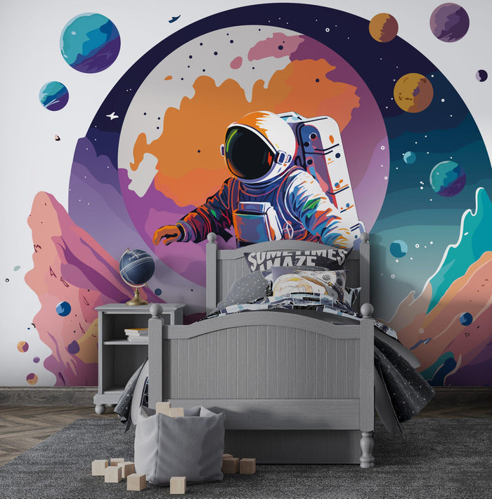 Astronaut Moonwalk Wallpaper: Colorful Space Mural, Peel & Stick