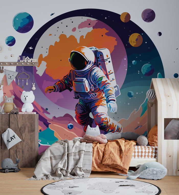 Astronaut Moonwalk Wallpaper: Colorful Space Mural, Peel & Stick