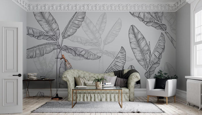 Banana Leaf Wallpaper Mural: Black & White Tropical Peel and Stick