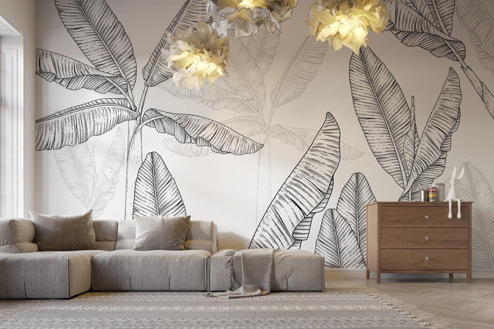 Banana Leaf Wallpaper Mural: Black & White Tropical Peel and Stick
