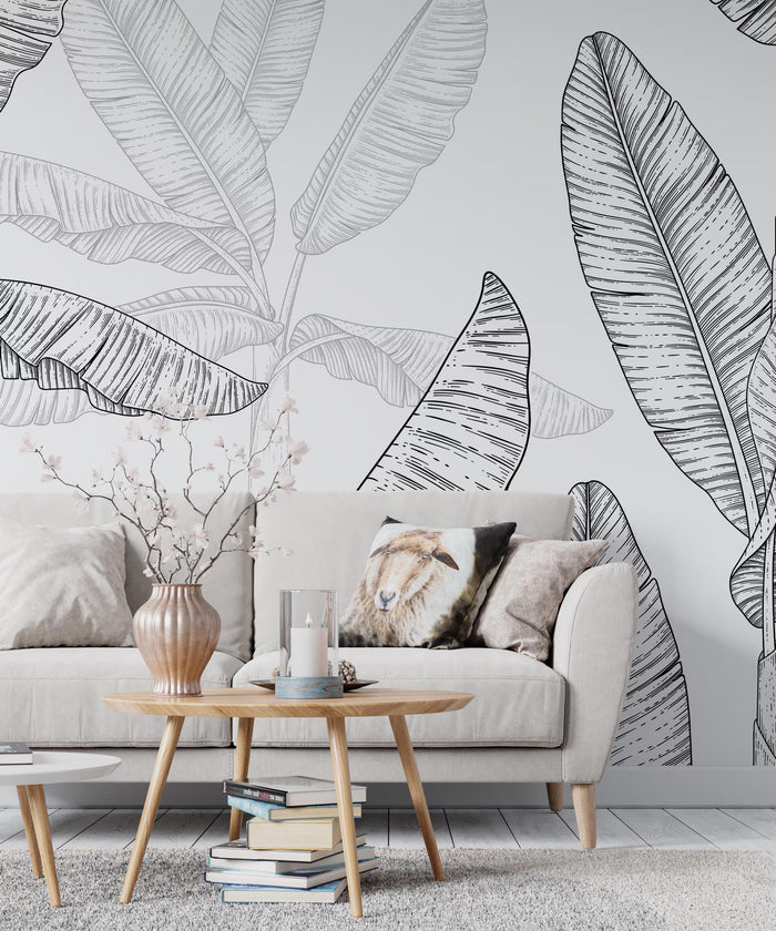 Banana Leaf Wallpaper Mural: Black & White Tropical Peel and Stick