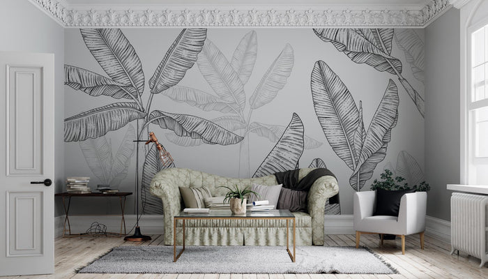 Banana Leaf Wallpaper Mural: Black & White Tropical Peel and Stick