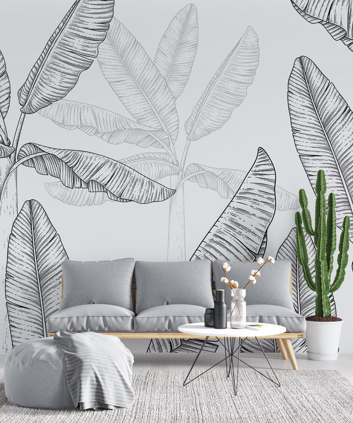Banana Leaf Wallpaper Mural: Black & White Tropical Peel and Stick
