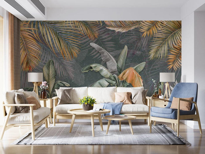 Banana Leaf Wallpaper: Orange & Green Botanical Print, Removable Wallpaper