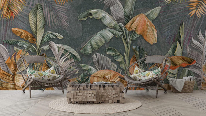 Banana Leaf Wallpaper: Orange & Green Botanical Print, Removable Wallpaper