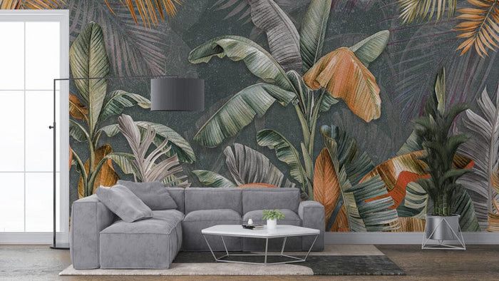 Banana Leaf Wallpaper: Orange & Green Botanical Print, Removable Wallpaper