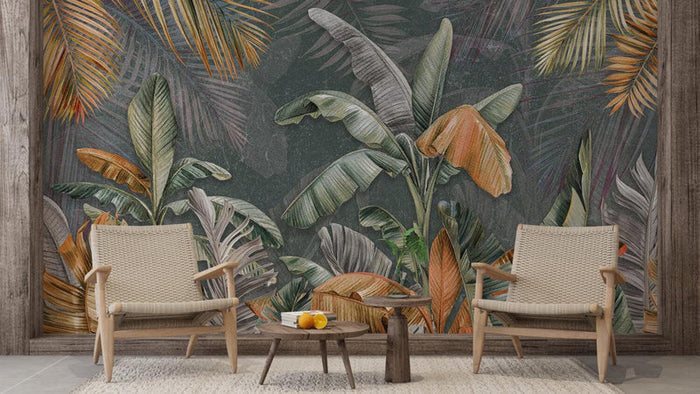 Banana Leaf Wallpaper: Orange & Green Botanical Print, Removable Wallpaper