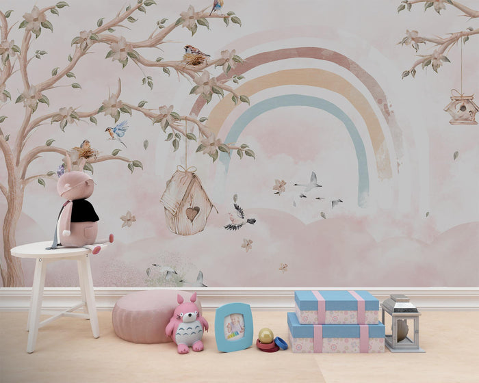 Bird's Nest Wallpaper Mural: Rainbow Tree Branch Peel & Stick
