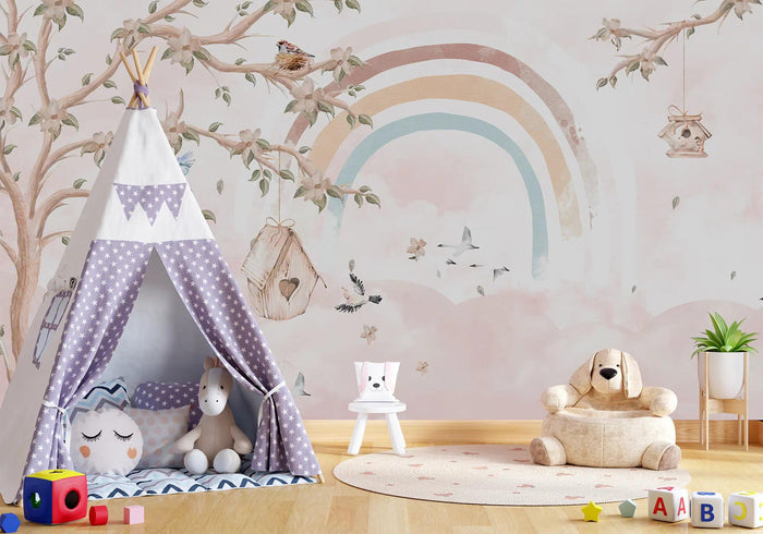 Bird's Nest Wallpaper Mural: Rainbow Tree Branch Peel & Stick