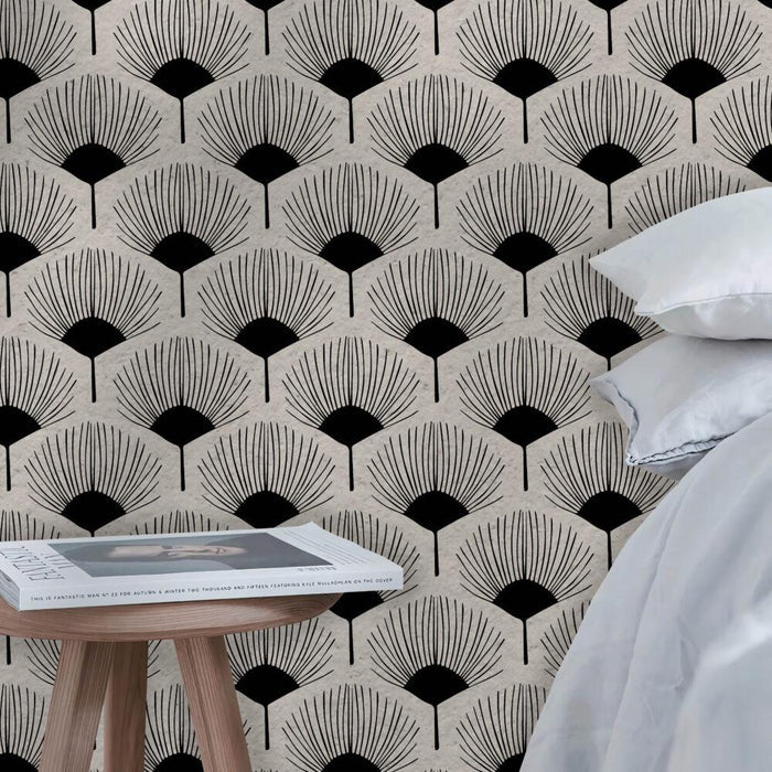 Black and White Fan Flowers Wallpaper: Retro Removable Wall Decal