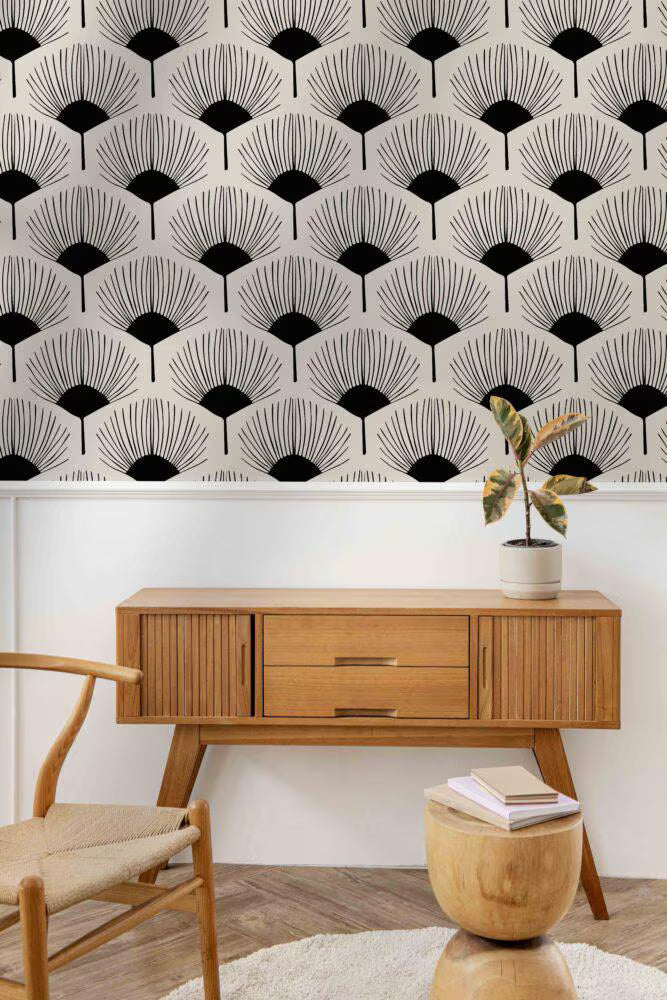 Black and White Fan Flowers Wallpaper: Retro Removable Wall Decal