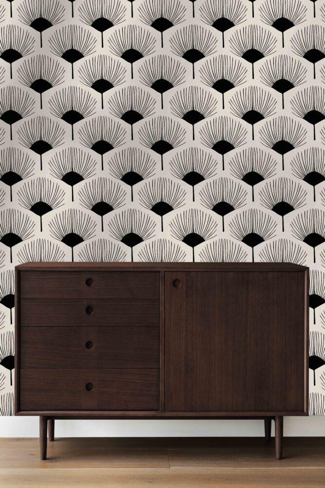 Black and White Fan Flowers Wallpaper: Retro Removable Wall Decal