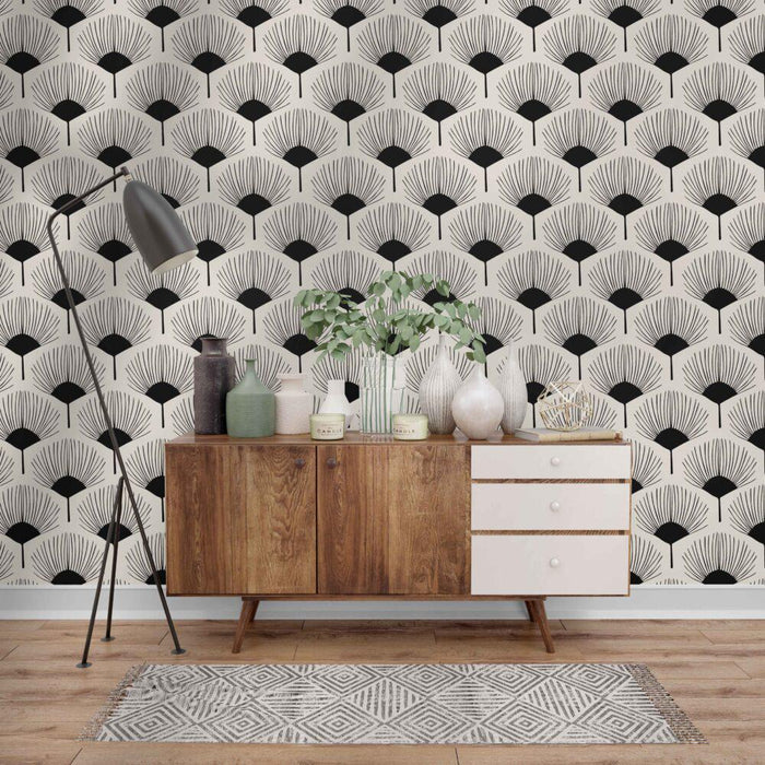 Black and White Fan Flowers Wallpaper: Retro Removable Wall Decal