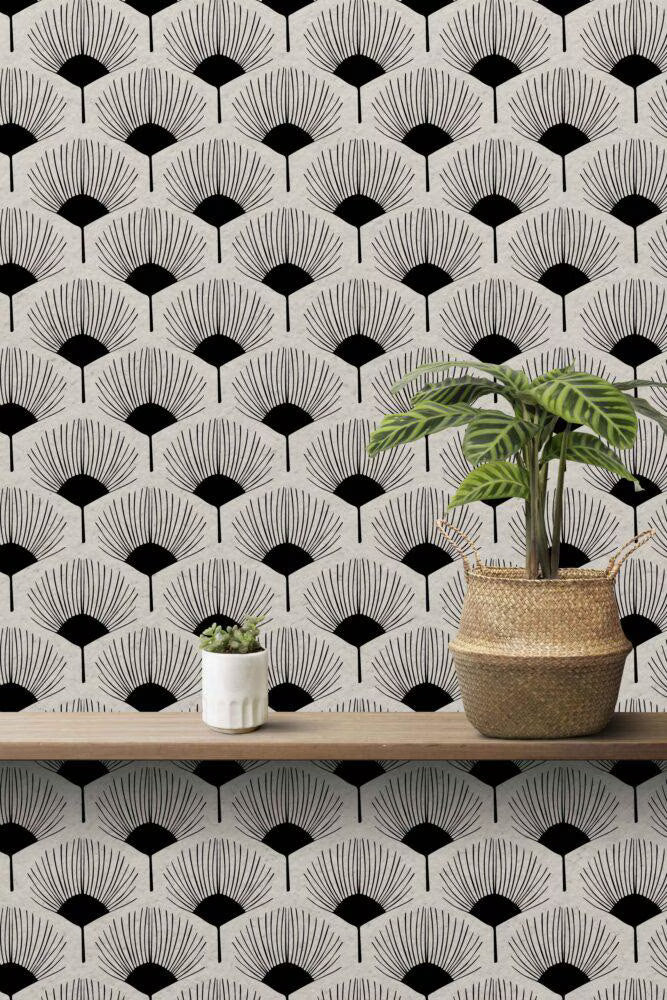 Black and White Fan Flowers Wallpaper: Retro Removable Wall Decal