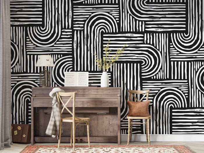 Black and White Geometric Stripe Wallpaper Mural: Modern Abstract Design