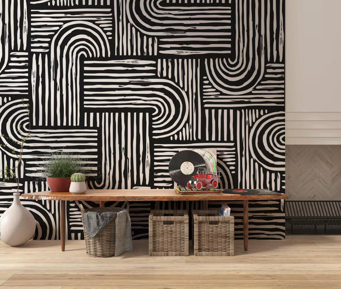 Black and White Geometric Stripe Wallpaper Mural: Modern Abstract Design