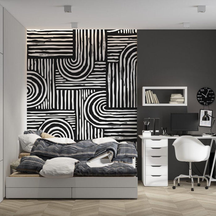Black and White Geometric Stripe Wallpaper Mural: Modern Abstract Design