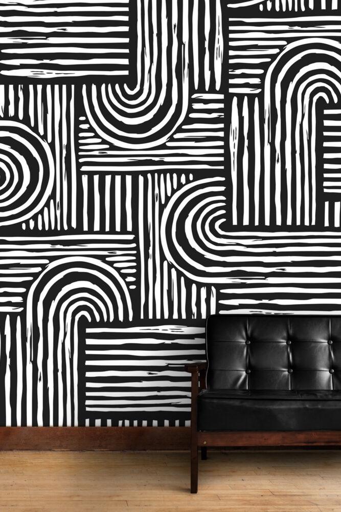 Black and White Geometric Stripe Wallpaper Mural: Modern Abstract Design