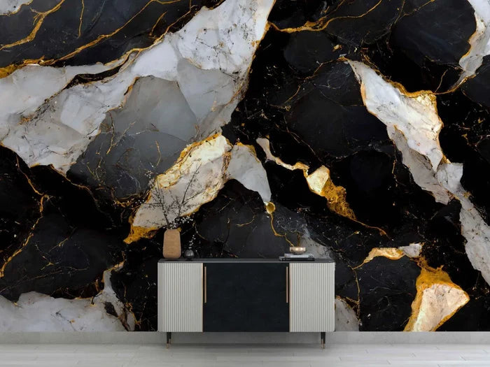 Black and White Marble Wallpaper: Gold Veins, Abstract Peel and Stick Mural
