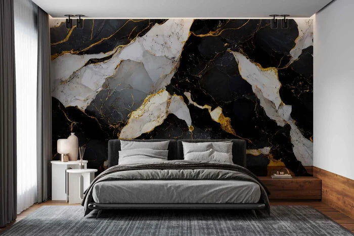 Black and White Marble Wallpaper: Gold Veins, Abstract Peel and Stick Mural