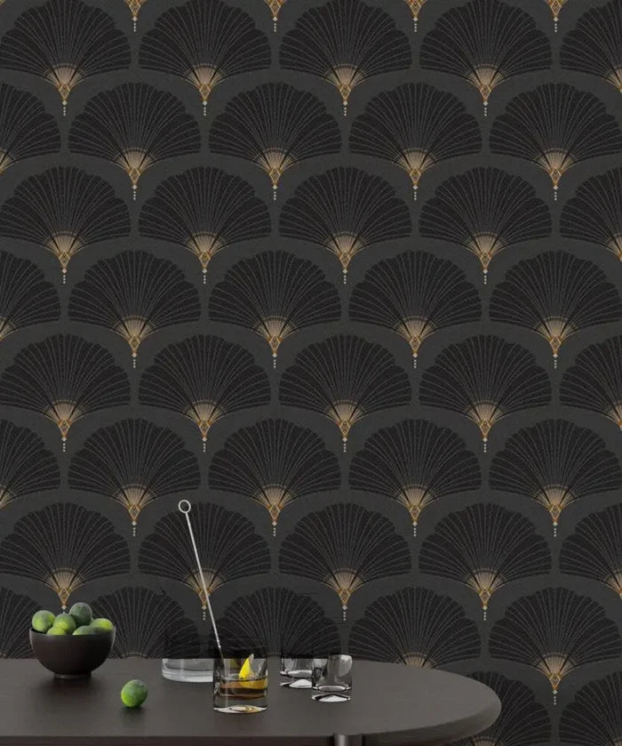 Black Fan Pattern Wallpaper: Retro Removable Wall Decal
