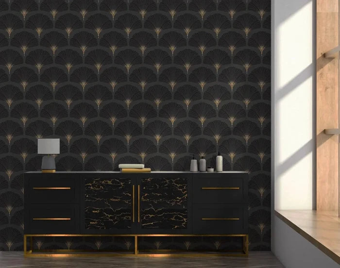 Black Fan Pattern Wallpaper: Retro Removable Wall Decal