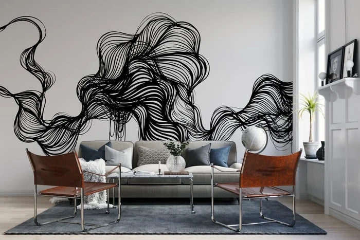 Black Linear Graphic Wallpaper Mural: Living Room Decor
