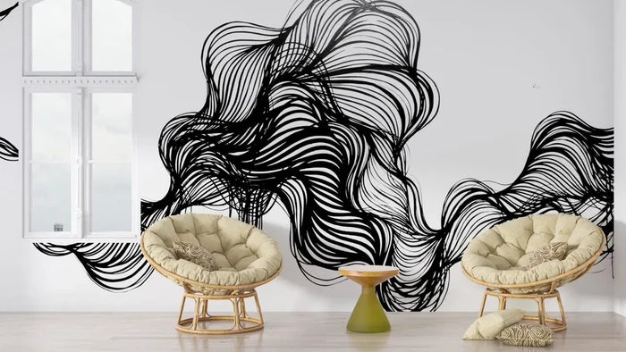 Black Linear Graphic Wallpaper Mural: Living Room Decor
