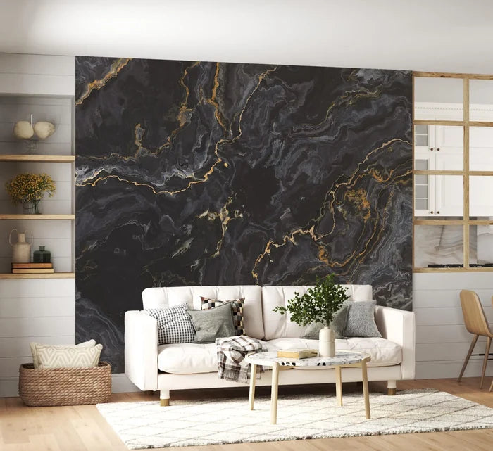 Black Marble Wallpaper: Gold Veins, Textured, Peel and Stick